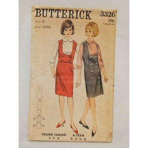 May include: Vintage sewing pattern for a dress with a Peter Pan collar and button detailing. The pattern is for sizes 9-13 and 10-16. The pattern is from Butterick and is number 3320.