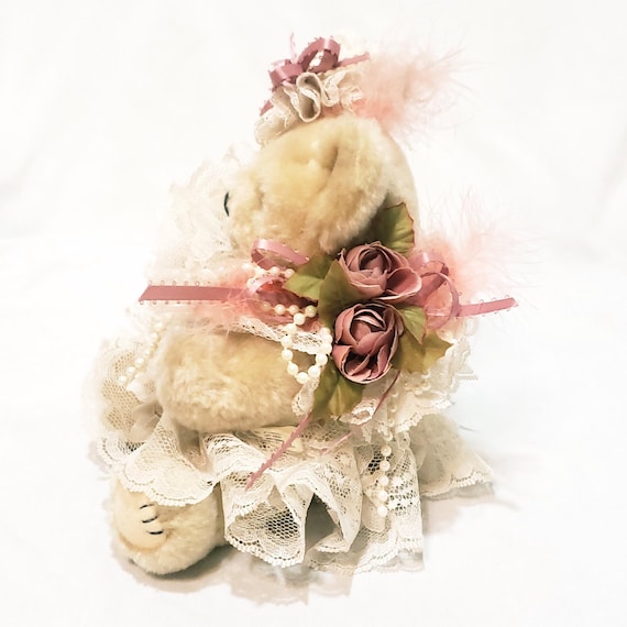 Cream Teddy Bear Lace Beads Ribbon Plush Stuffed Animal 9
