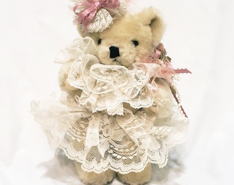 Sweet Teddy Bear Plush in Lace and Ribbons and Flowers. Moveable