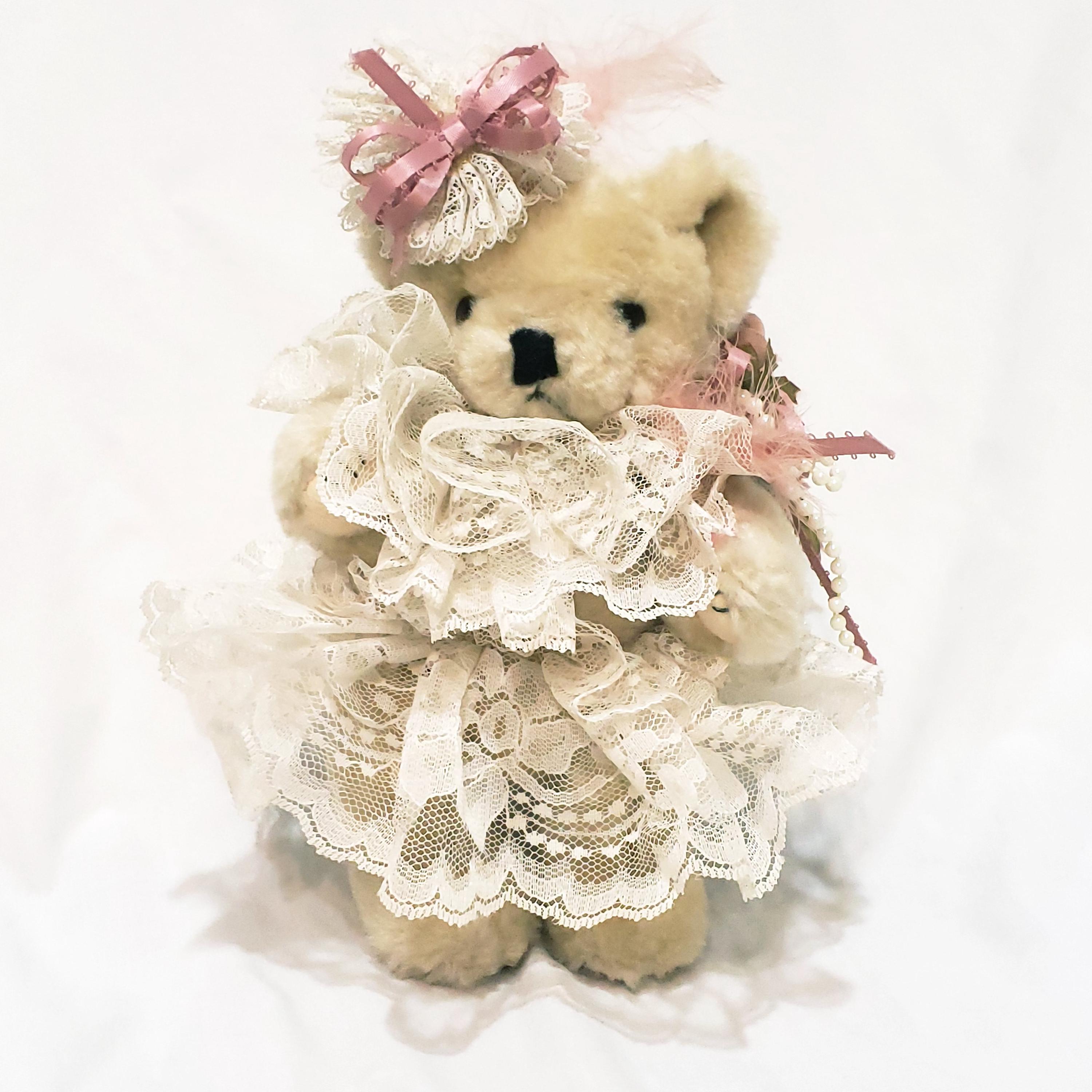 Cream Teddy Bear Lace Beads Ribbon Plush Stuffed Animal 9