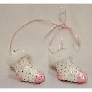 2 lentejuelas Zapato de cuentas Medias Adornos navideños 2.5 &quot; Vintage Blanco Rosa