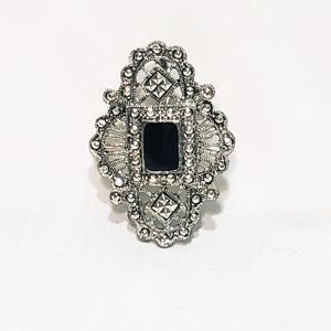 ブラックオニキス アールデコ ビクトリアンスタイル シルバートーン ブローチ ペンダントピン 1 3/4"