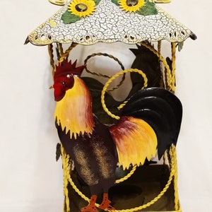 Rooster Lantern Tea Light Votive Candle Holder Hanging Metal 10&quot; Sunflowers