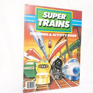 May include: A vintage "Super Trains" coloring and activity book. The cover features colorful illustrations of various trains, including a green train, a yellow train, a black steam engine, and a blue and white train. The title is in a green and yellow box.