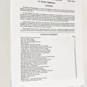 May include: A white page from the music instruction book Belwin String Builder Book One by Samuel Applebaum. The page contains a foreword explaining the string class method and a detailed technical progression table listing lessons from page 2 to 32.