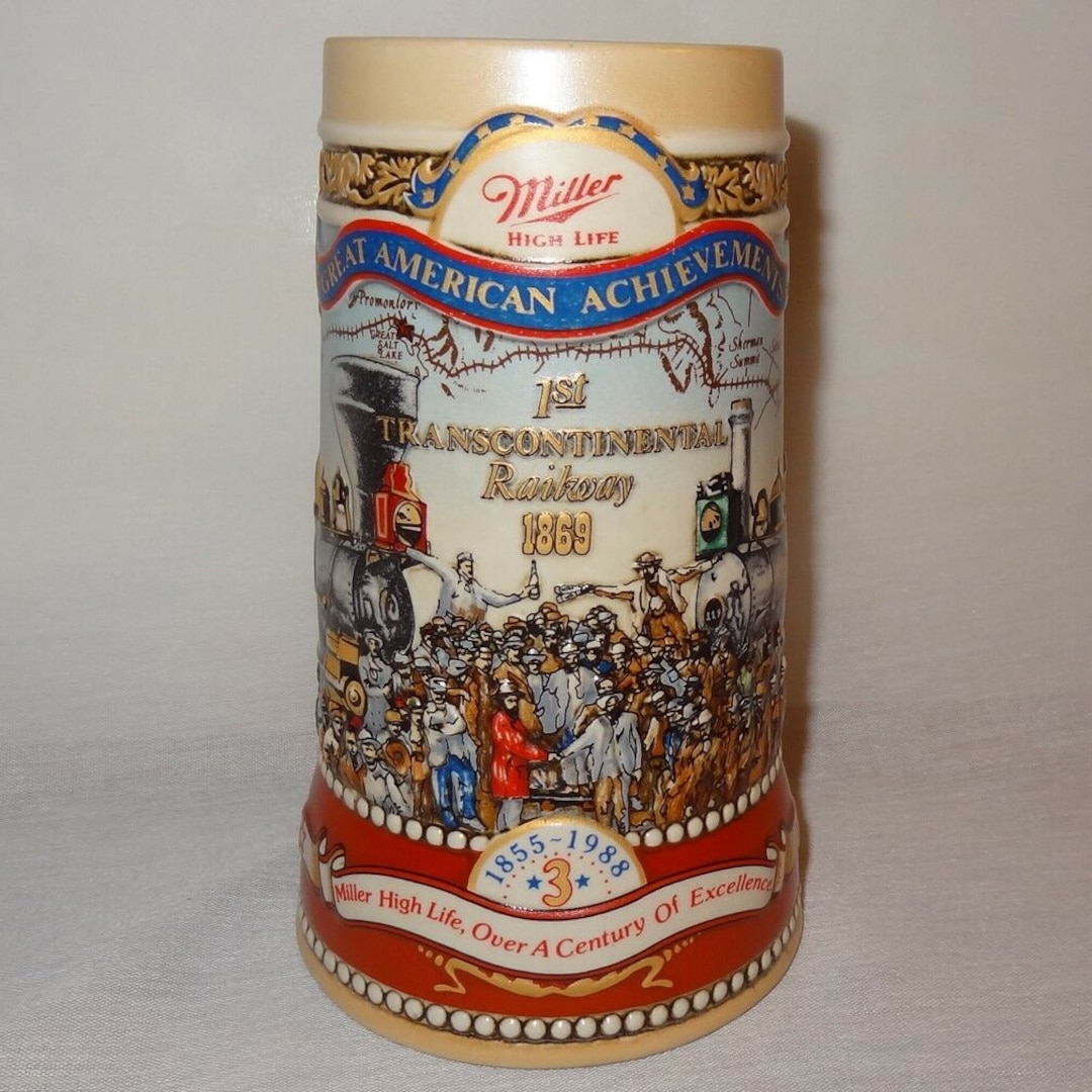 Steam Locomotive Glass Beer Stein – Metal Lid, Etched Design, 13.5 Oz