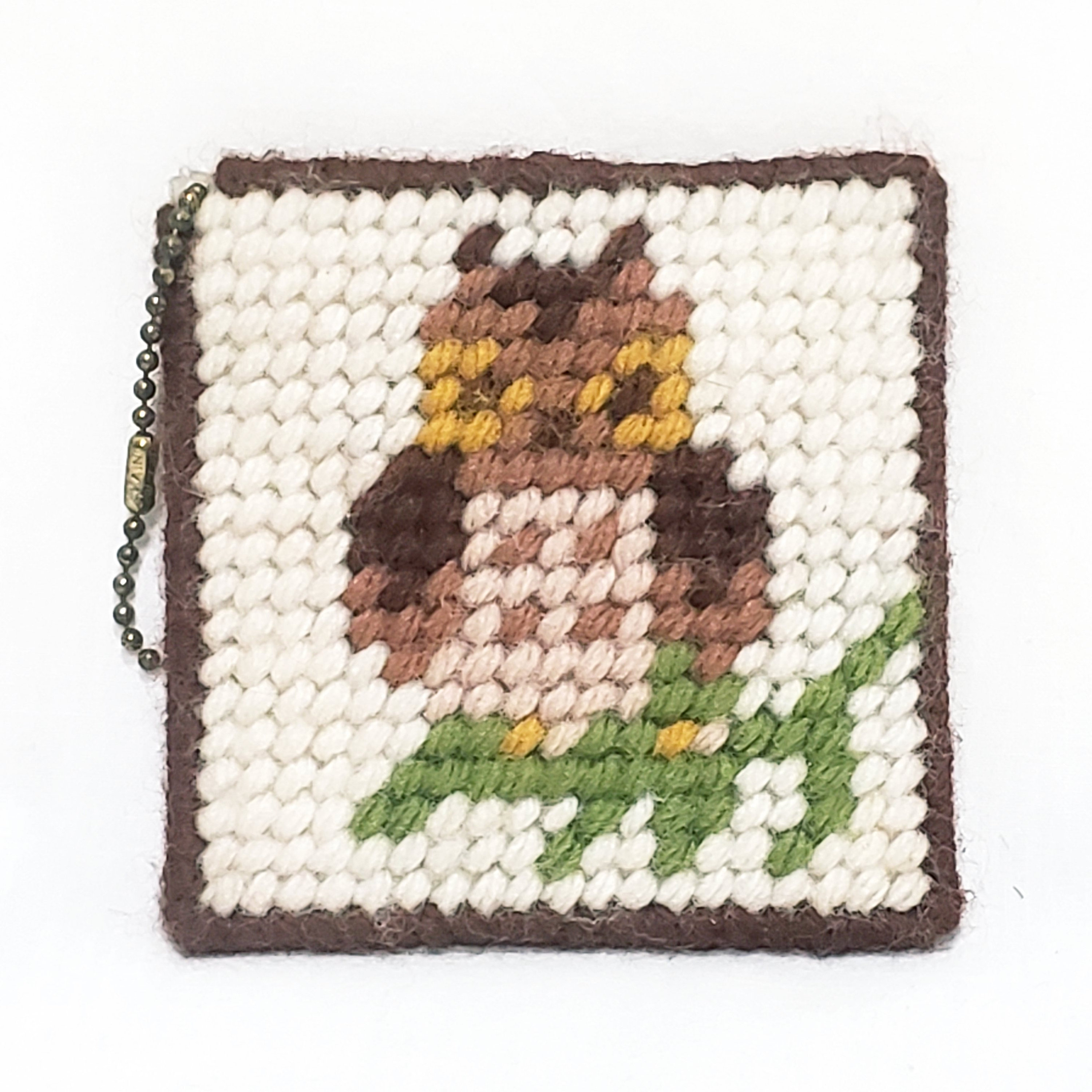 Owl Plastic Canvas Key Chain Handmade Vintage 3" Brown White Bird Keychain