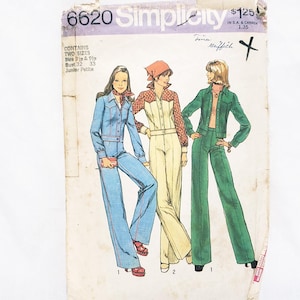 May include: Simplicity sewing pattern number 6620 for a junior petite jumpsuit. The pattern includes three different styles: a blue jumpsuit with a white trim, a yellow jumpsuit with a red and white plaid trim, and a green jumpsuit with a white trim. The pattern is for sizes 8 and 10, with a bust measurement of 32 to 33 inches.