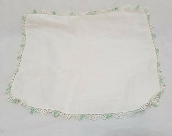 Vintage Handkerchief  White Hand Crochet Lace boarder Trim 11" Green