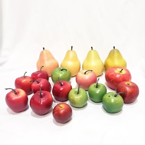 Lot 18 Apples Pears Table Artificial Faux Fruit 4" Red Yellow Green Vintage