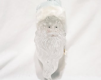 Santa Claus Head Long Clear Face Beard Blue Fabric Hat Ornament 16" Snowflake