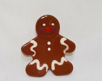 Gingerbread Man Brooch Pin Christmas Ceramic Brown Cookie 2"