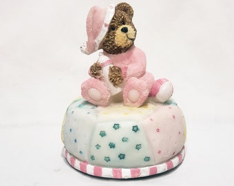 Baby Girl Teddy Bear Music Box 4" Plays Rock A Bye Baby Resin Pink Sankyo