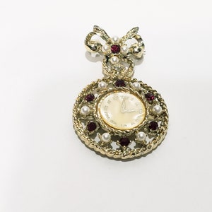 Relógio de bolso com pérolas falsas e strass, broche de metal com rolagem, 2&quot; tom dourado vermelho