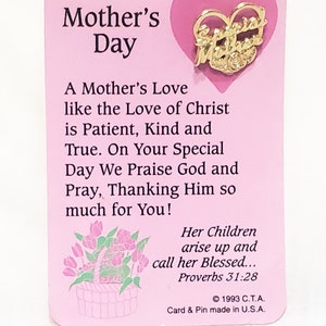 Día de la Madre Especial Solapa Pin Oro Tono Poema Religioso Tarjeta Vintage 3/4" 1993