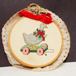 Goose Pull Toy Finished Cross Stitch Christmas Ornament 5&quot; Vintage Potpourri