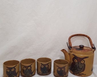 Wony Ltd Owl Tea Pot Set 4 cups Stoneware 8&quot; Vintage Japan