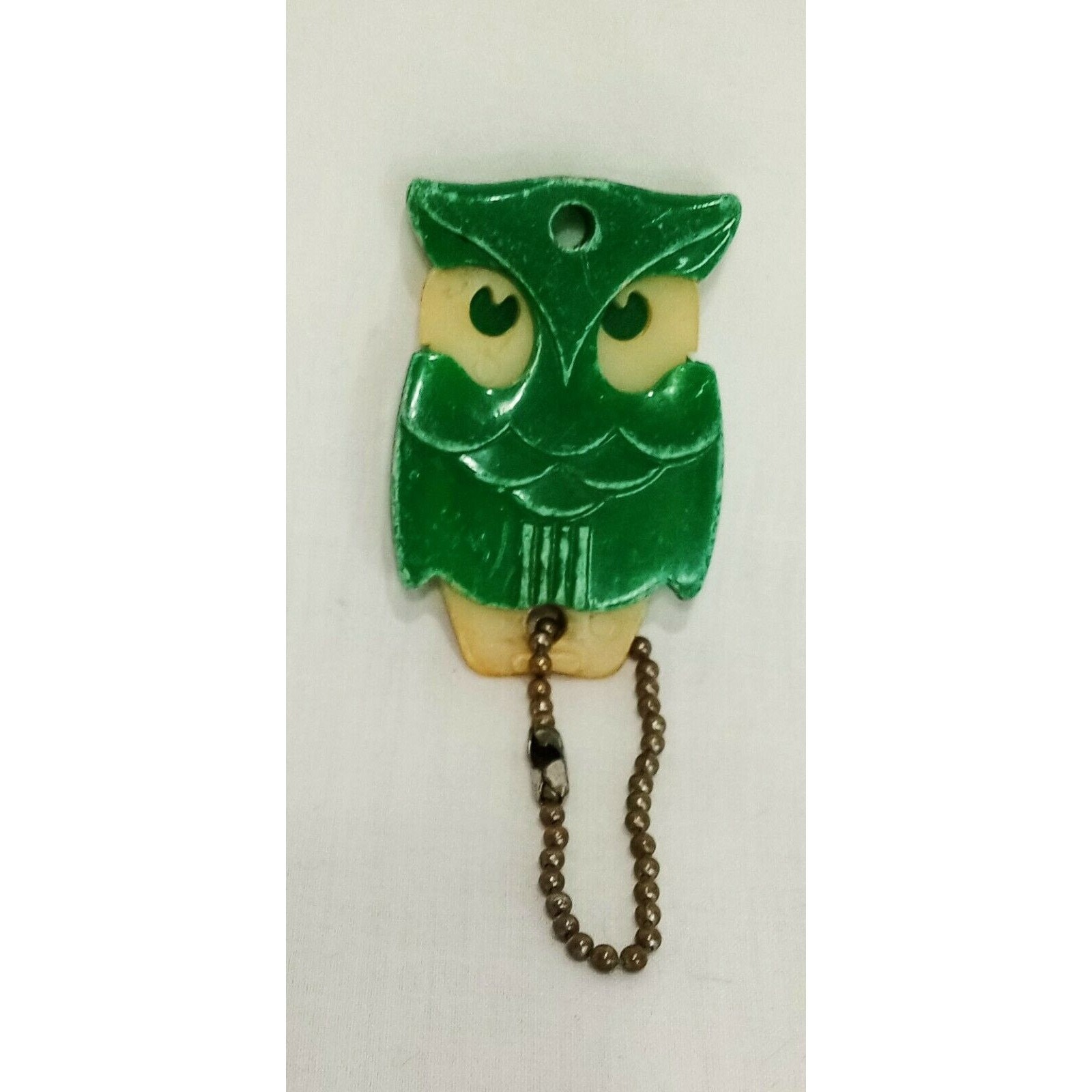 Owl Key Chain Modern Woodmen Life Insurance Vintage Plastic Bird Green Cream 1"