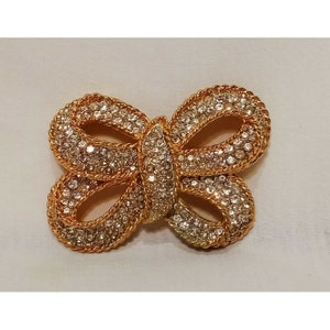 Rhinestone Gold Tone Bow Brooch Pin 1.75&quot;  Vintage Metal Costume Jewelry