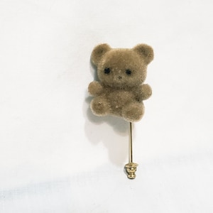 Brown Fuzzy Teddy Bear Stick Pin Gold Tone Vintage 2&quot;