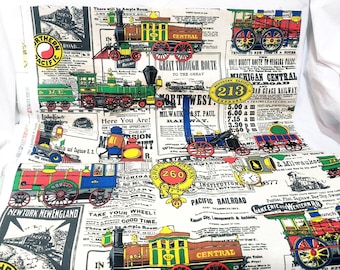Vintage Train Engine Transportation Travel Fabric By the Yard 43" House n Home