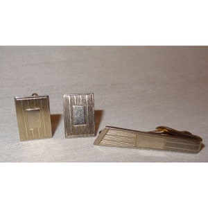 Vintage Cufflink Tie Clip Set Metal Rectangle Horizontal Lines Silver Tone