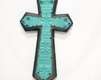 Cross Easter Wood Metal Home Décor Weathered Look 12" Wall Hanging Teal Brown