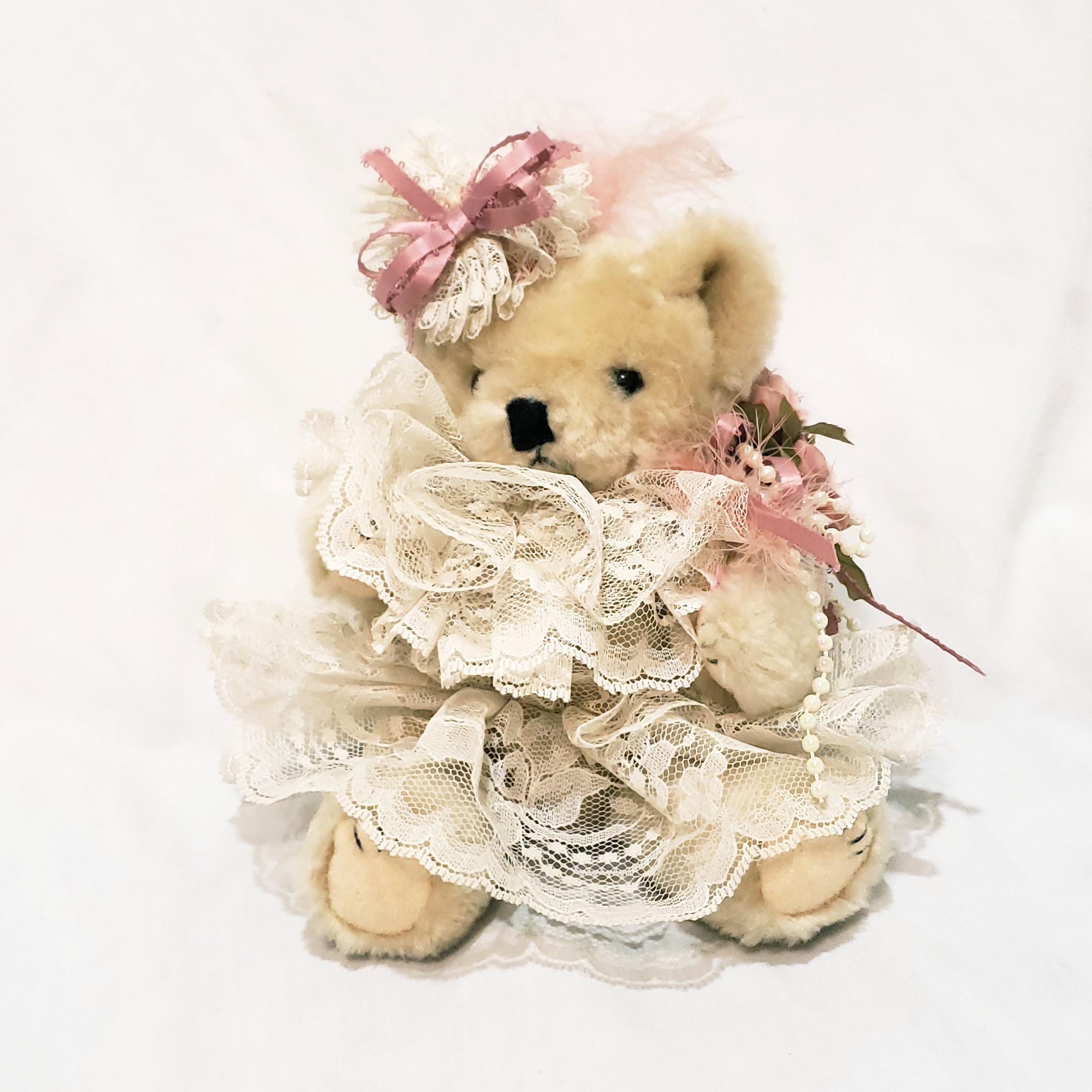 vintage teddy bear with lace ribbon Vintage jointed bear dressed