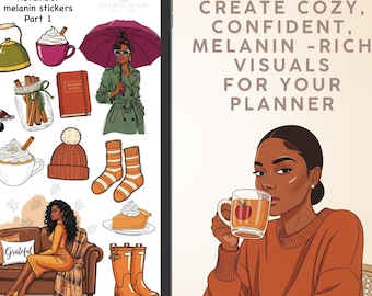 Pegatinas digitales mensuales destacadas, pegatinas estéticas de noviembre, agenda creativa Melanin Woman Craft Planner Queen, pegatinas de otoño de GoodNotes, pegatinas PNG