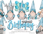 Birthday Gnome, Blue Boys Gnomes, Cute Gnomes, Normand Gnomes, Happy Birthday Art, Birthday Design, Png File, Birthday Clipart,Nordic Gnomes