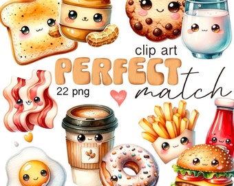 Perfect Match, Best Friends Clipart for Digital Scrapbooking, Valentine Clipart, Kawaii Food for Planner & Digital Crafting, Sticker Sheet