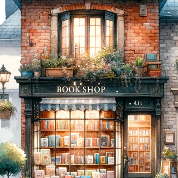 ヴィンテージ書店の風景、日記帳用ミニチュアショップのイラスト