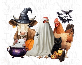 Halloween Farm Animals Png, Spooky Season Farm Designs for Commercial Use, Halloween Png Sublimation Design, Ghost Chicken Illustration