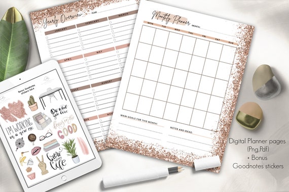 Digital Monthly Planner One Page, GoodNotes Page Planner Template, Yearly Overview, Yearly Planner, Digital Inserts