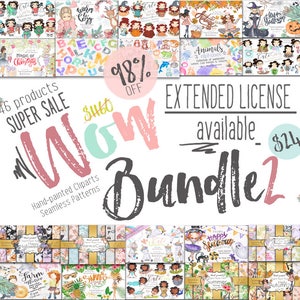 May include: A digital art bundle with various hand-painted cliparts and seamless patterns. The image features the text "WOW Bundle 2" and "SUPER SALE" with a 98% discount. The bundle includes 46 products and an extended license is available.