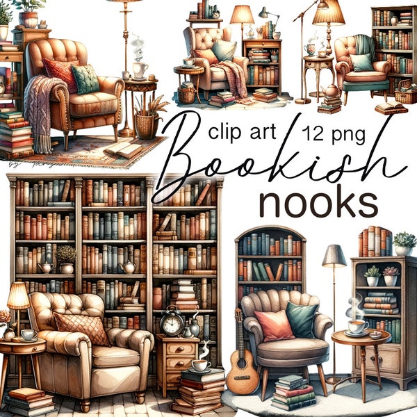 Vintage Book Nook Library for Junk Journals & Planner Stickers, Clipart Bundle, Bookshelf Book Nook Kit with Old Books, Book Reader PNG