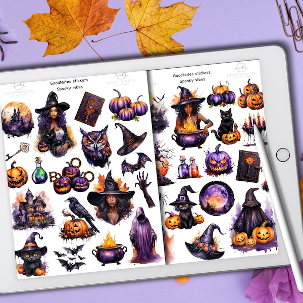 Afro Witch Halloween Digital Stickers for GoodNotes Planners, Spooky Icons for Autumn Planning Download, Gothic Stickers, October Stickers