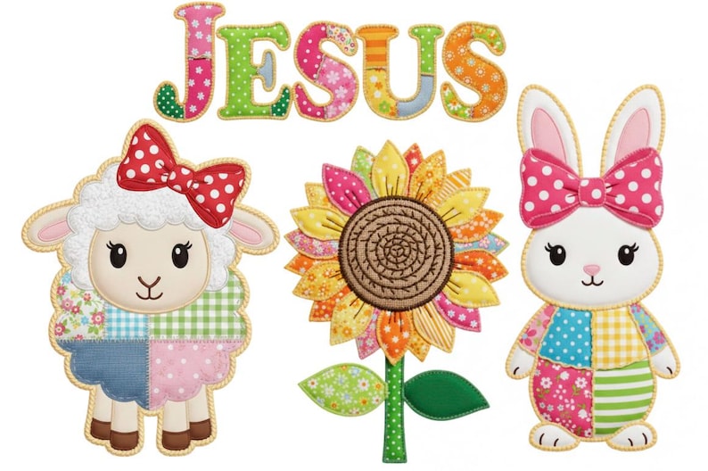 Peut inclure: Une applique color&eacute;e repr&eacute;sentant un mouton, un tournesol et un lapin, chacun orn&eacute; de n&oelig;uds. Le mot "JESUS" est &eacute;pel&eacute; en lettres patchwork au-dessus. Les personnages sont faits de divers tissus &agrave; motifs.