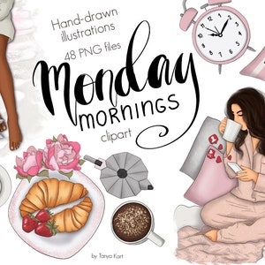 Conjunto de imágenes prediseñadas de chica de moda, cita de caligrafía del lunes por la mañana, gráficos de planificador de buenos días, imágenes prediseñadas de desayuno para pegatinas, descarga digital PNG