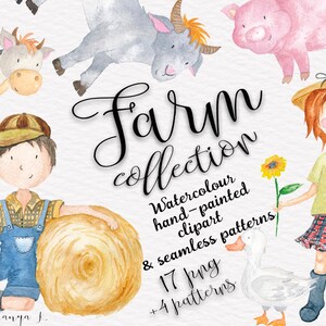 Bauernhof Tiere Clipart Bundle - Aquarell Kinder Clipart, Bauernhof Junge und Mädchen, Gemüse, Bauernhof Tiere - Instant Download