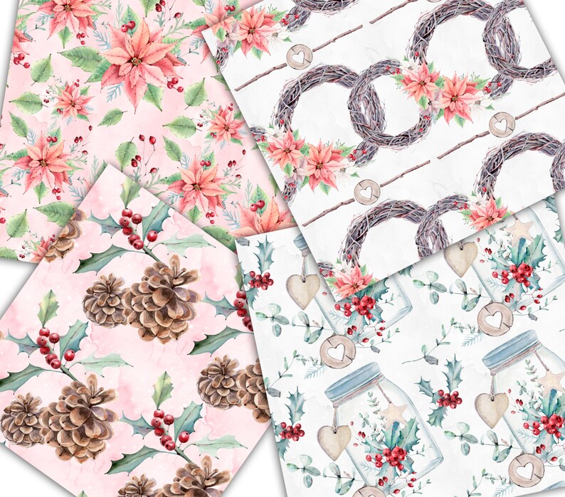 Pink Christmas Paper Floral Digital Paper Scrapbook Paper | Etsy