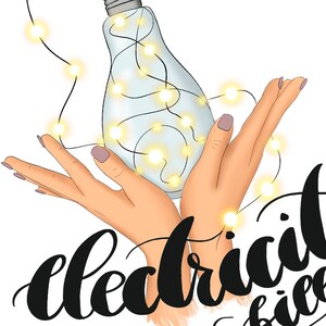 May include: Two hands holding a light bulb with string lights wrapped around it. The text "electricity bill" is written in black cursive below the hands.