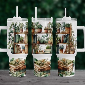 Vaso de agua de 40 oz con diseño de sublimación de libros y plantas, descarga digital PNG, regalo para mamá PNG, archivo de vaso PNG, vaso de libros PNG