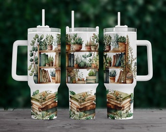 Bücher und Pflanzen 40 Unzen Quencher Tumbler Sublimationsdesign, Png digitaler Download, Geschenk für Mama Png, Tumbler Png-Datei, Buch Tumbler Png