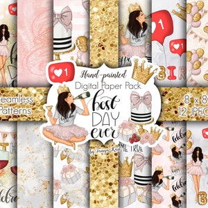 Birthday Cake Paper, Planner Girl Party, Gold Digital Papers, Planner Supplies, Fashion Patterns, Scrapbook Paper, Patterned Paper