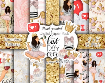 Birthday Cake Digital Paper: Gold Party Patterns (Digital Download)