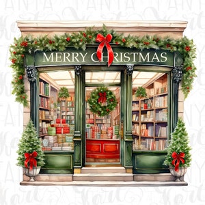 Weihnachtsbuchladen, literarischer Kunstdruck Digitaler Download, Bücherwurm PNG, Weihnachtsszene, Aquarell Winter Aufkleber, Geschenk für Bibliothekarin