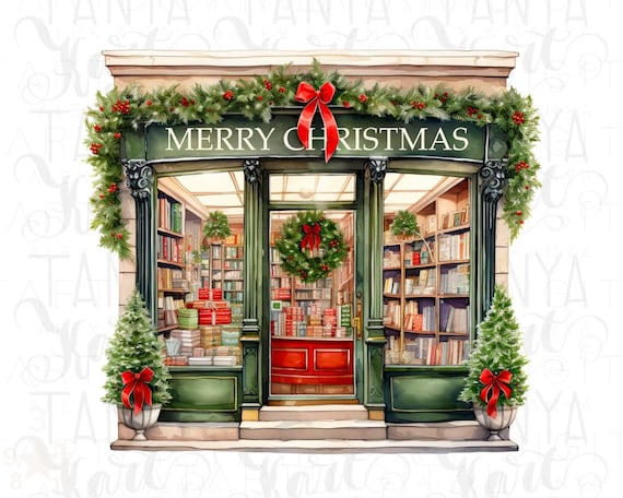 Christmas Bookstore, Literary Art Print Digital Download, Bookish PNG, Christmas Scene, Watercolor Winter Sticker, Gift for Librarian