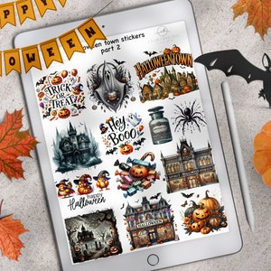 May include: A digital tablet displays a collection of Halloween-themed stickers. The stickers feature spooky illustrations of ghosts, haunted houses, pumpkins, and the text "Trick or Treat" and "Happy Halloween". A bat and pumpkin are next to the tablet.