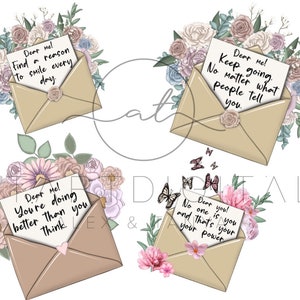 K&ouml;nnte beinhalten: Vier digitale Illustrationen von Briefumschl&auml;gen mit Blumenarrangements und motivierenden Botschaften. Die Botschaften lauten: "Liebe ich! Finde einen Grund, jeden Tag zu l&auml;cheln." "Liebe ich! Mach weiter. Egal, was die Leute sagen." "Liebe ich! Du machst es besser, als du denkst." "Liebe dich! Niemand ist wie du, und das ist deine Kraft."